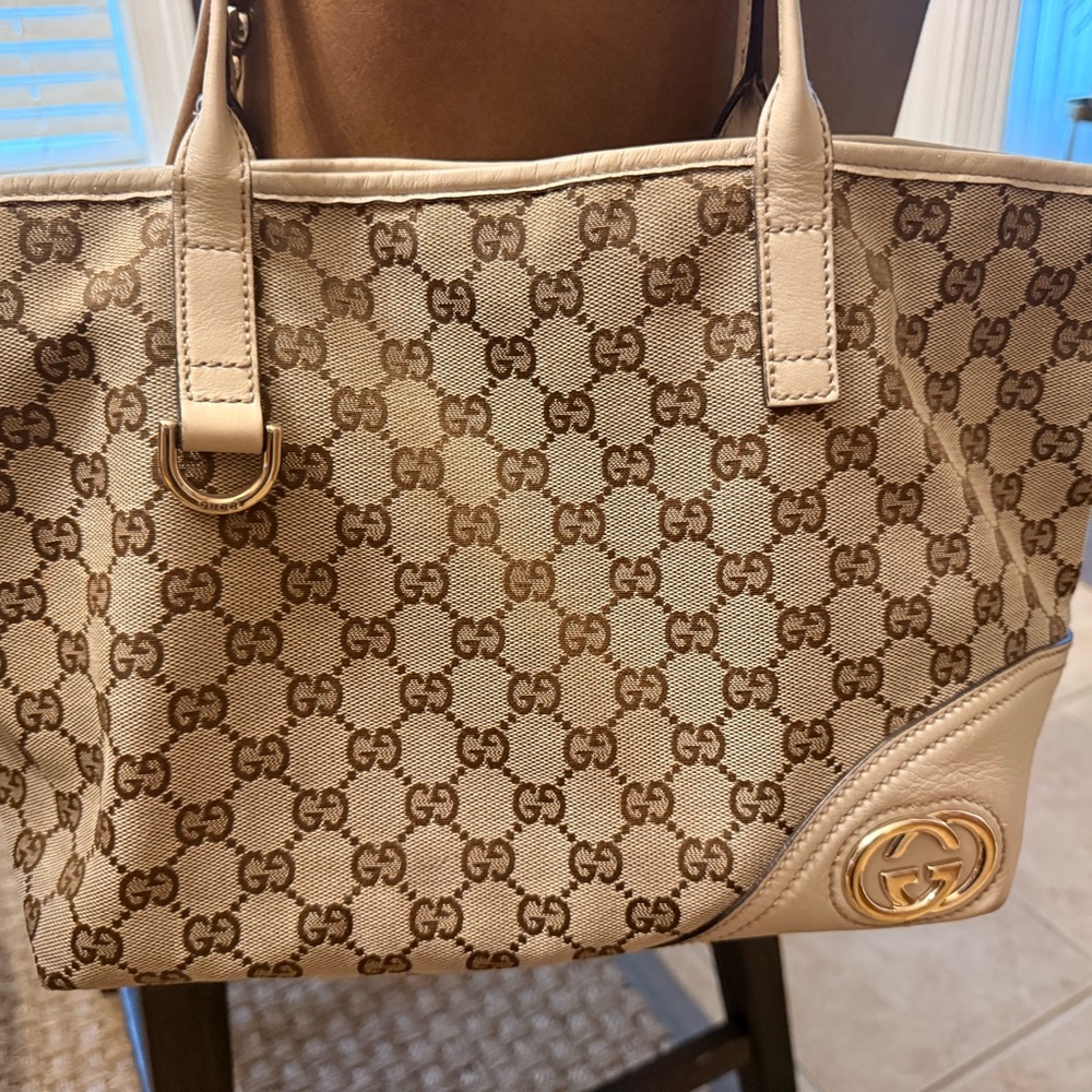 Gucci Britt Beige GG Monogram Canvas Tote with Beige Leather and Silver Hardware
